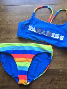 Rainbow Bikini Set Paradise Graphic Strappy Top Colorful Pride Swim Set S/M